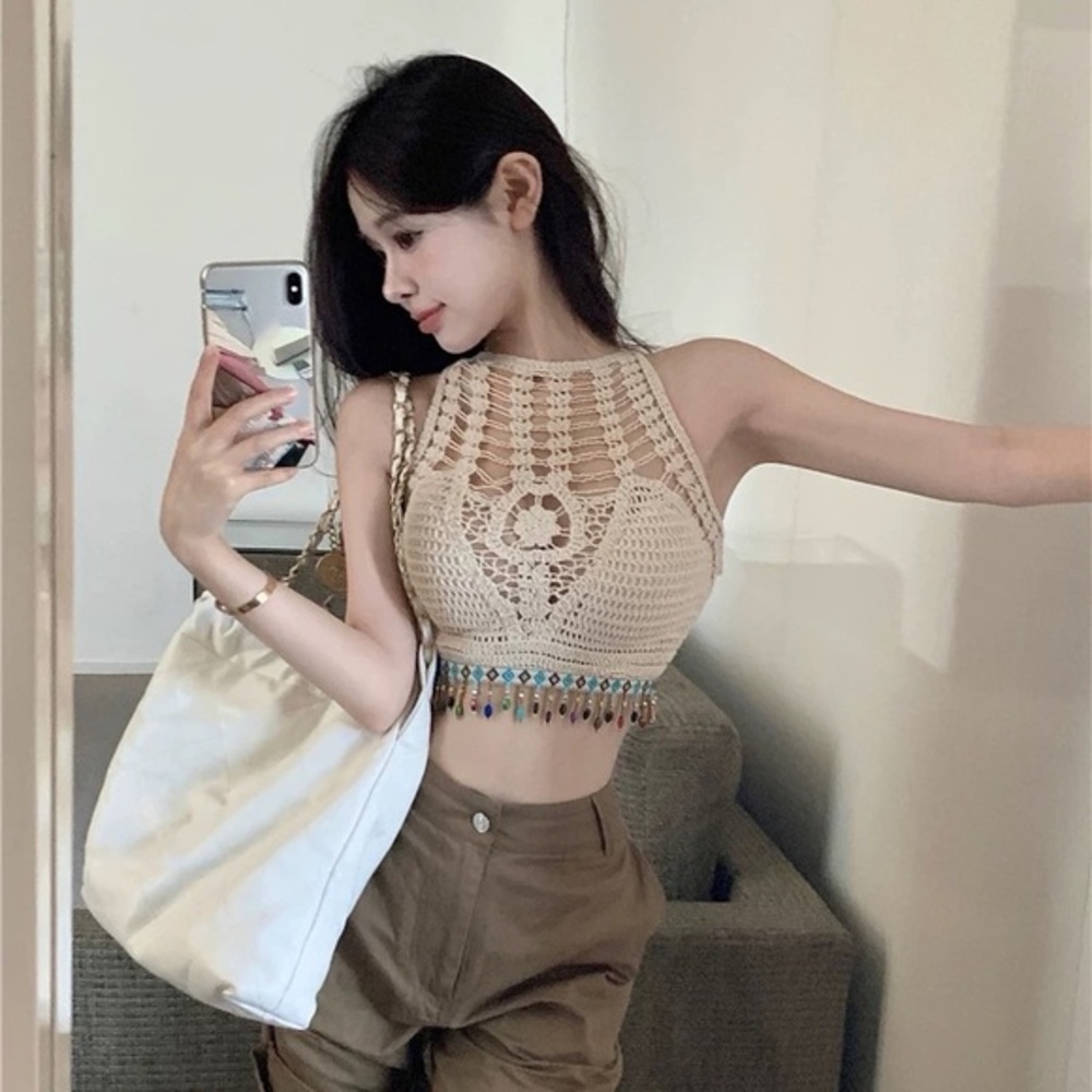 Boho Crochet Halter Top Colorful Tassels Adjustable Back Ties‎ with pads Size S